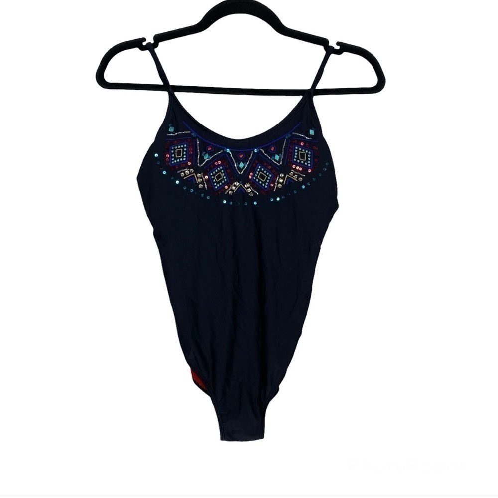 Xhilaration Black One Piece with Multicolor Beads and Embroidery